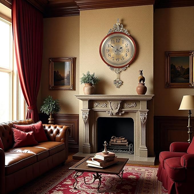 Vintage Wall Clock with Pendulum, 14 Inch Dial Diameter, 26.8 Inch Overall Height, Large Retro Metal and Glass Silent Clock for Living Room, Antique Wood Pendulum for Dining Room Office Home Decor