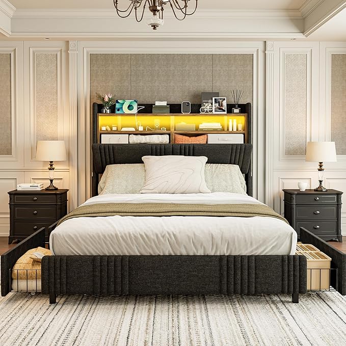 IKIFLY Queen Bed Frame with Hidden Storage Headboard & 4 Drawers, 49.2” Tall Upholstered Wingback Headboard with LED Lights and Charging Station, No Box Spring Needed, Solid Wood Slats, Black