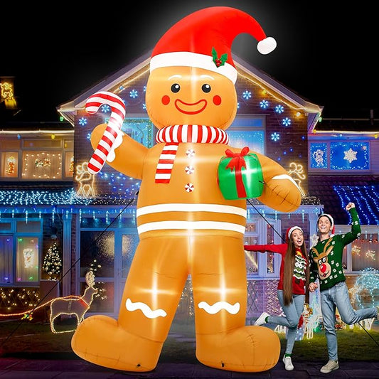 12FT Christmas Inflatables, Giant Blow Up Christmas Gingerbread Man Decorations, Lighted Up Xmas Gingerbread with Red Hat and Candy Cane, Pre-lit Christmas Archway Inflatable Decor for Yard Lawn