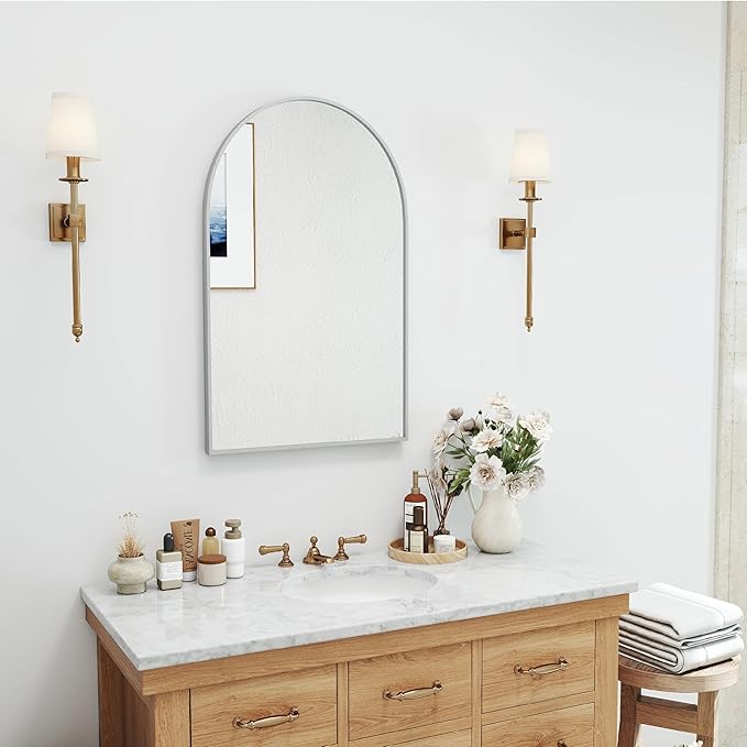 30x20 Arch Mirror Rectangle Wall Mounted Hanging or Against Wall Aluminum Alloy Metal Frame Dressing Make-up Mirrors for Entryway Bedroom Bathroom Living Room 30 20 inch Silver
