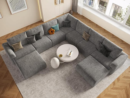 EASE MOOSE Oversized Sectional Cloud Couch, 9-Seat Modular Boneless Sofa Set with Deep Seat, No-Assembly Chenille Sofa for Living Room, Light Grey