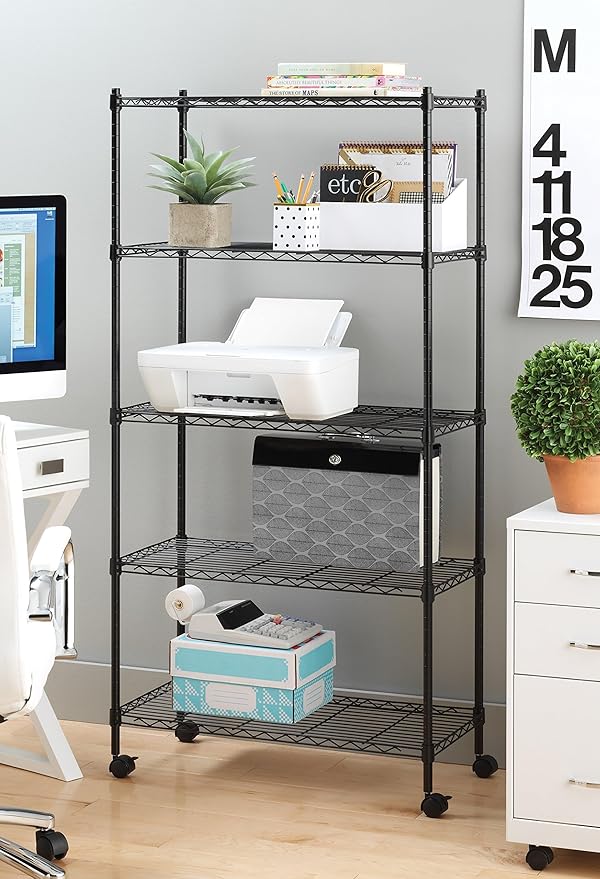 Whitmor 5 Tier Supreme Shelving Unit, Metal Storage Shelves, Adjustable Heavy Duty Shelf with Wheels, 400 lbs Capacity per Shelf, 2000 lbs Total for Pantry, Garage, Kitchen, Black