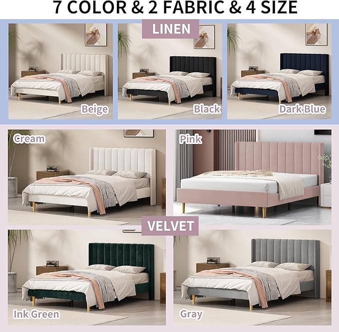 Full Size Upholstered Platform Bed Frame with Modern Wingback & Vertical Panel Headboard, Velvet Fabric, Wooden Legs & Slats Support, No Box Spring Needed, Noise-Free & Easy Assembly, Pink