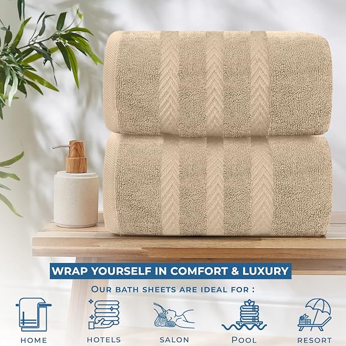 DAN RIVER 2 Pack Luxury Bath Sheets 35x70, 600 GSM, Soft & Quick Dry 100% Ring Spun Cotton Towels Ideal for Hotels, Spas, Gyms & Salons Extra Large, Tan