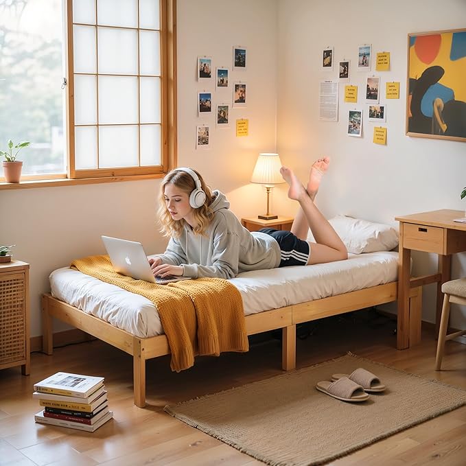 Hokway Wood Twin Bed Frames- No Wobble,Noise-Free,Easy Assembly with Precise Holes,12 in Wood Slat Support,No Box Spring Needed,Natural