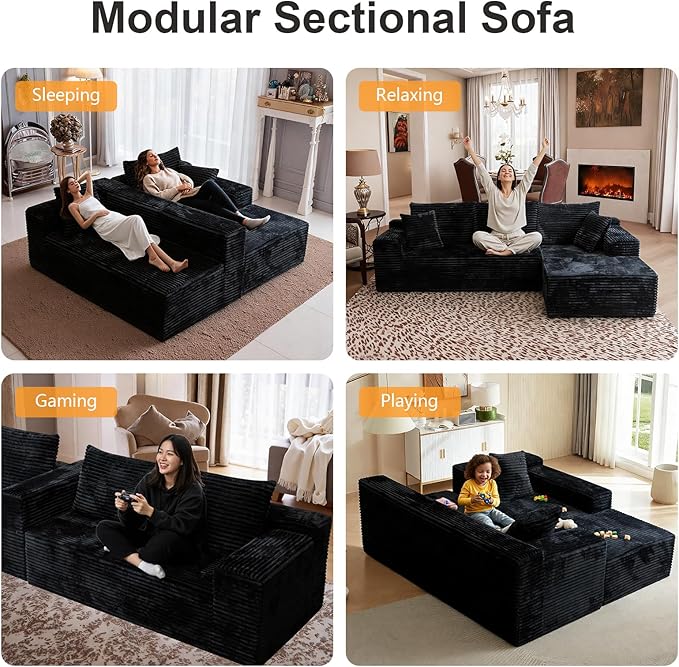 106'' Boneless Couches for Living Room, L Shaped Modular Sectional Sofa with Chaise Lounge, Faux Rabbit Fur & Layered Cushion Deep Seat Cloud Couch, No Assembly (Black, Right Facing Chaise)