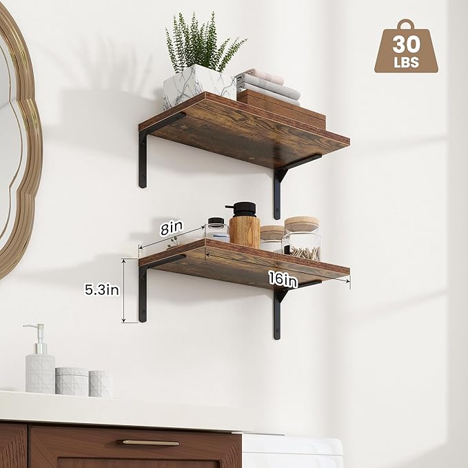 Fun Memories Deep Floating Shelves, 16W x 8D Floating Shelves Set of 2, Wall Mounted Shelf with Metal Brackets, Rustic Wood Wall Shelf for Bathroom, Kitchen and Living Room, Rustic Brown