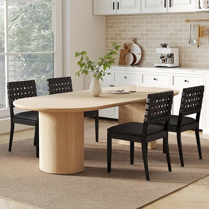 Woven Faux Leather Dining Chairs Set of 4, Farmhouse Upholstered Kitchen Chairs with Wooden Legs Armless Accent Side Chairs for Dining Room/Restaurant, Black