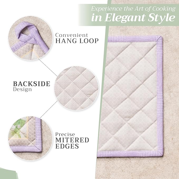 Maison d' Hermine 100% Cotton Oven Mitt & Pot Holder Set (7.5"x13" & 8"x8") Heat Resistant BBQ Cooking Gloves with Loop, Baking, Grilling, Kitchen, Handling Hot Pans Spring/Summer (Magnolia Mornings)