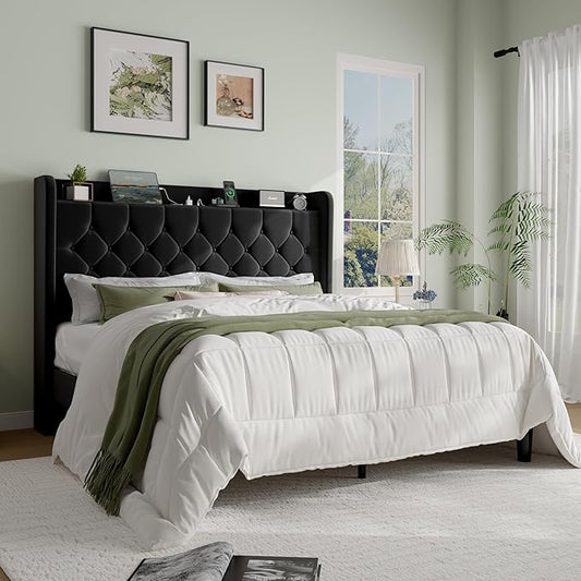 SHA CERLIN Queen Size Platform Bed Frame with Charging Station, Velvet Wingback Headboard with Storage Shelf, Wooden Slats Support, Ample Under-Bed Space, No Box Spring Needed, Easy Assembly, Black
