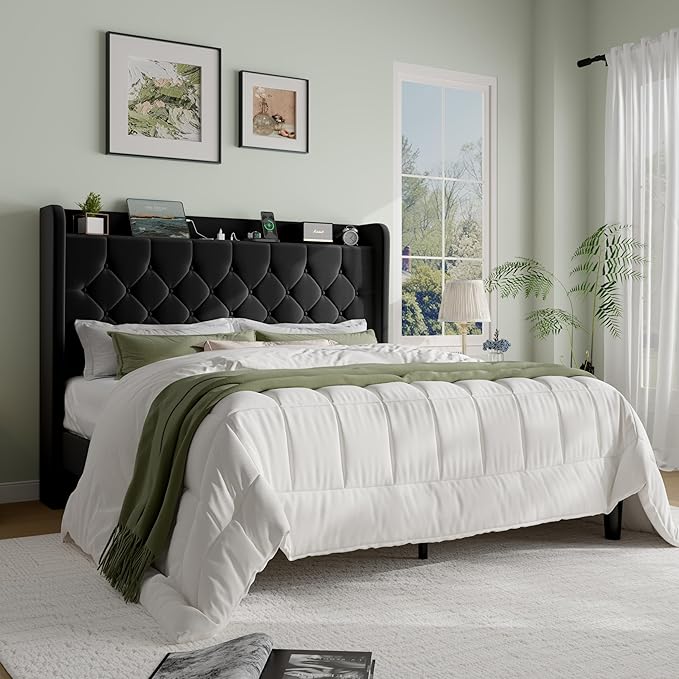 SHA CERLIN Full Size Platform Bed Frame with Charging Station, Velvet Wingback Headboard with Storage Shelf, Wooden Slats Support, Ample Under-Bed Space, No Box Spring Needed, Easy Assembly, Black