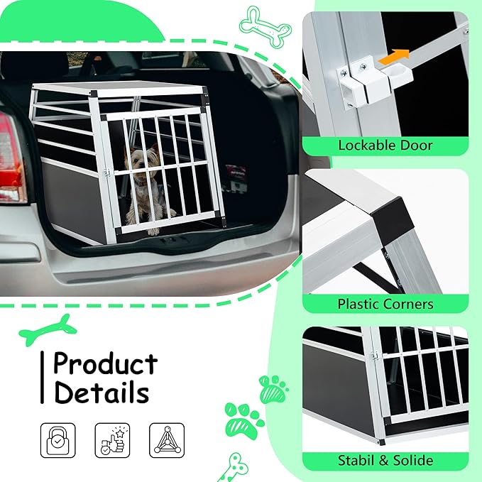 Single Doors Aluminium Pet Car Transport Crate, Lockable Travel Dog Cage, Sturdy Construction for Small Dogs and Cats, Portable Puppy Carrier for Car Use