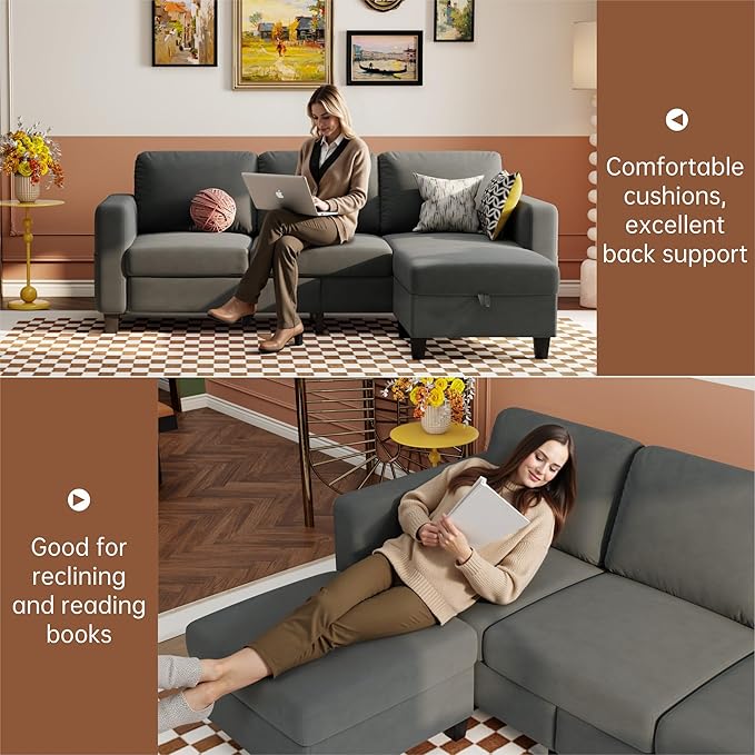 79''Couches for Living Room,Cloud Couch Sectional,L-Shaped 4-Deep Seat Sofa,Removable Cover,Suitable for The Living Room, Apartment or Bedroom,Office-Light Gray