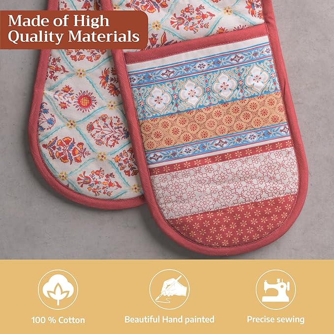 Maison d' Hermine Double Oven Mitt (7" x 35") 100% Cotton Heat Resistant BBQ Cooking Gloves with Loop for Thanksgiving Christmas Decorations Baking Cooking Barbeque Handling Hot Pan (Romane)