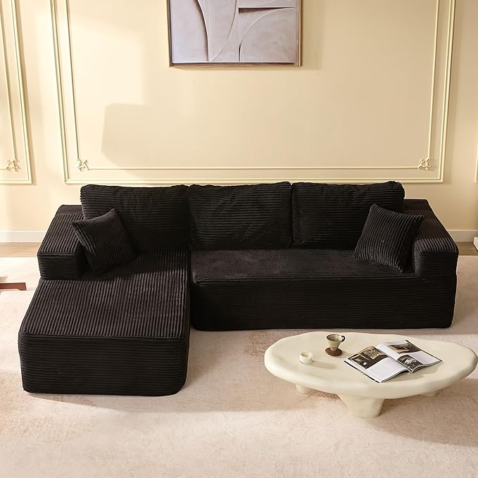 107" Boneless Couch with Deep Seat, Modular Sectional Sofa, Cloud Sectional Couch for Living Room, No Assembly Required, Corduroy, L-Shape Left?Black