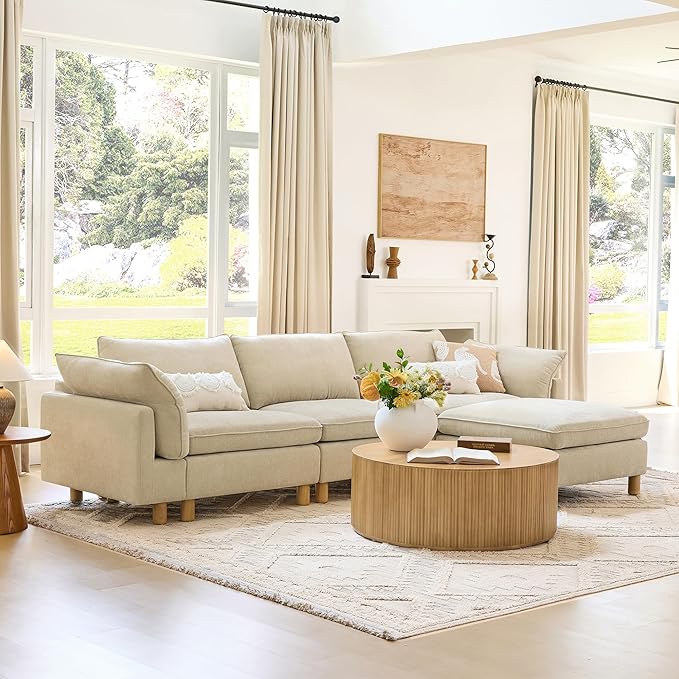 CHITA 127" Super Large Sectional Couches for Living Room, Modular Cloud Couch Sectional Sofa, Premium Fabric Couches, Down Filled, High Density Foam, Chenille in Beige, 4 Seat L Shaped