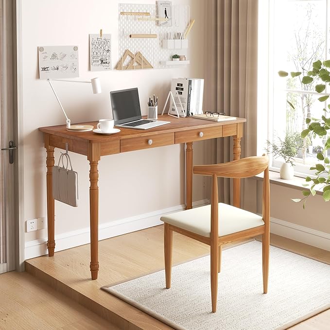 Solid Wood Desk with Drawers - 48 Inch Writing Desk with Drawers, Mid Century Modern Desk with 2 Hooks, Rubber Wood Study Table for Bedroom, Living Room & Office, Walnut Color