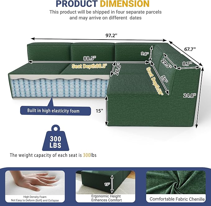 97" Sectional Compressed Sofa Modular Couches,High-Density Foam No Assembly Required,3-Piece(1xCorner 3xArmless) for Living Room, Chenille Green