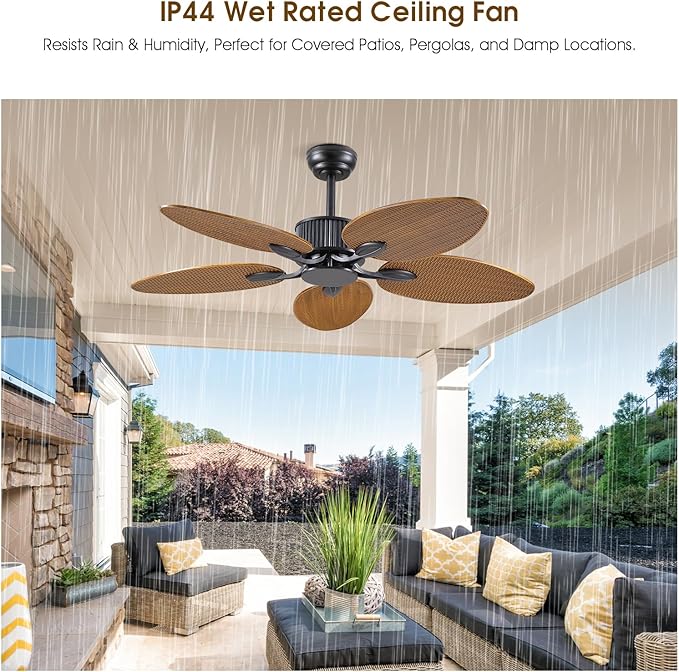50 Inch Tropical Ceiling Fan no Light, Outdoor Waterproof Palm Leaf Ceiling Fans for Patios Porches, Remote +APP Control, Wet Rated, 6 Speeds, Quiet, Wood Grain