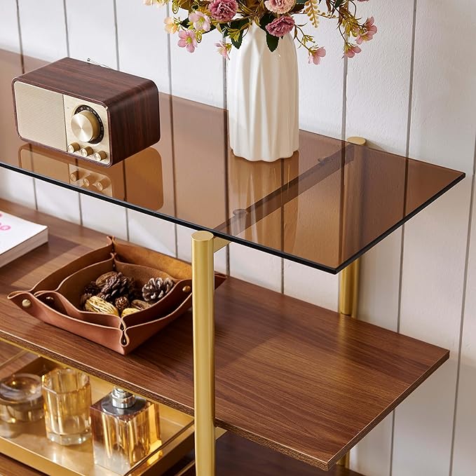 Glass Console Table for Living Room, Foyer & Entryway, L41 x W14 x H31 Inch, 3-Tier Mid-Century Modern Sofa Table with Amber Glass Top, Walnut Finish Wood Shelf and Gold Finish Frame