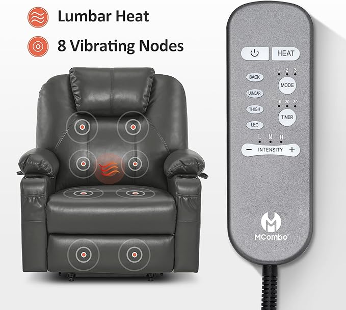 MCombo Extra Wide Power Lift Recliner Chair for Elderly, Lift Chair with Heat and Massage for Big People, USB&Type C Ports, Cup Holders, Faux Leather R7045 (Grey, Medium-Wide)