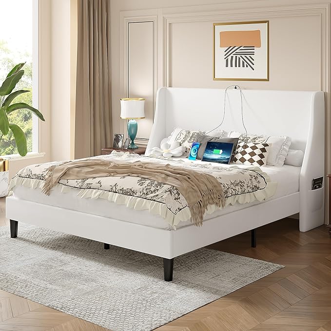VECELO Full Bed Frame with Upholstered Wingback Headboard, Heavy-Duty Platform Bedframe with Charging Station, Wooden Slats, No Box Spring Needed, White