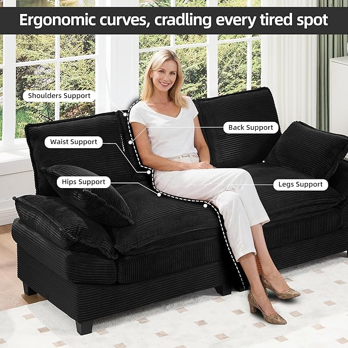 83" Loveseat Sofa, Cloud Couches for Living Room, Comfy Corduroy Couch with Deep Seat, Love Seat Couches for Bedroom, Apartment and Office, Easy Assemble for Small Space (Black)