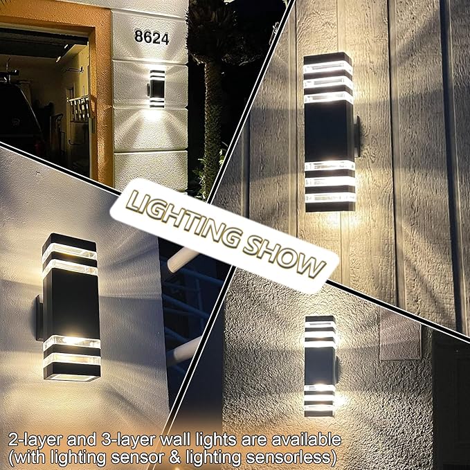 tewei 1 Pack LED Square Up and Down Lights Outdoor Wall Mount Light, 3-Layer Black Modern Outdoor Lights for House, IP65 Waterproof Aluminum Exterior Lamps for Front Porch Garage, Warm White 3000K