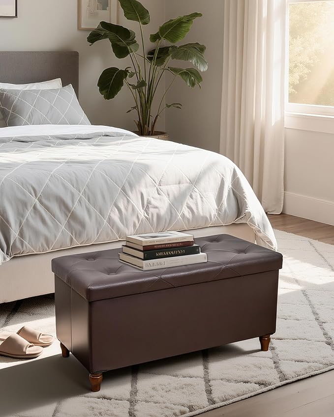 GLAXYFUR 30 Inches Storage Ottoman Bench with Wooden Legs, Faux Leather Folding Ottoman Foot Rest, Storage Bench for Living Room, Hallway & Bedroom, Upgrade Large Capacity (Engineered Wood, Brown)