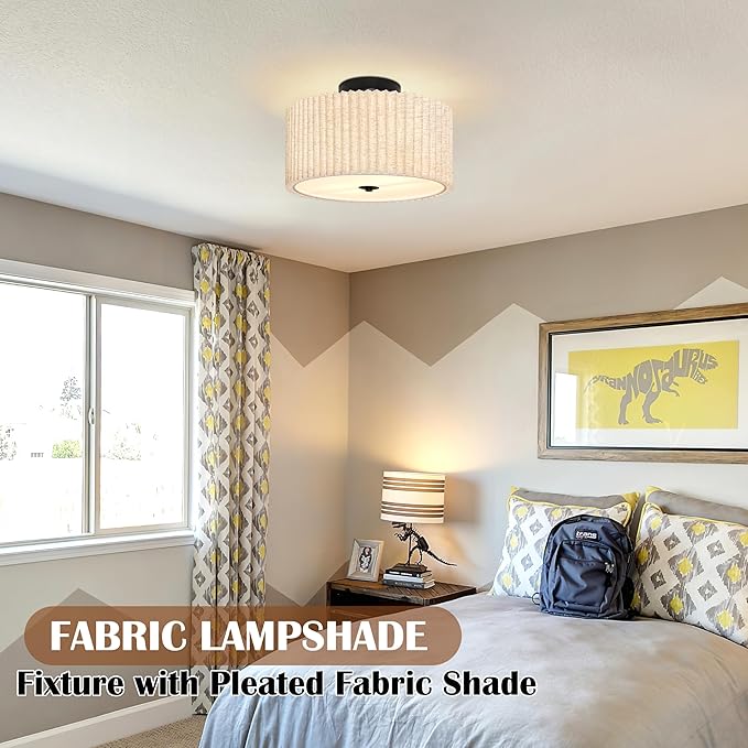 2 Light Semi Flush Mount Ceiling Light Fixture 12.6 Inch Modern Black Drum Ceiling Light Fixture with Pleated Fabric Shade Dimmable Close to Ceiling Light for Living Room Hallway Bedroom Entryway