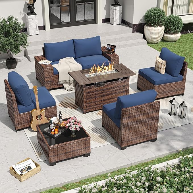 Aoxun 7 Pieces Patio Furniture Set with 44” Fire Pit Table Wicker Rattan Outdoor Sectional Conversation Set with Coffee Table and 4” Thickened Cushions, Blue(Waterproof Cover Included)