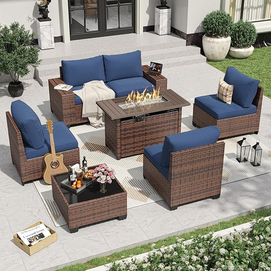 Aoxun 7 Pieces Patio Furniture Set with 44” Fire Pit Table Wicker Rattan Outdoor Sectional Conversation Set with Coffee Table and 4” Thickened Cushions, Blue(Waterproof Cover Included)
