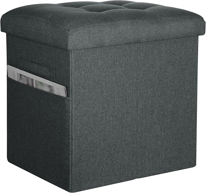 Small Ottoman with Storage, 61L Slim Tall Foldable Ottoman Foot Rest Stool with Thicker Foam Padded Seat. Linen Storage Bench for Bedroom Living Room, 300lbs Weight Support, 17x13x13IN, Gray Black