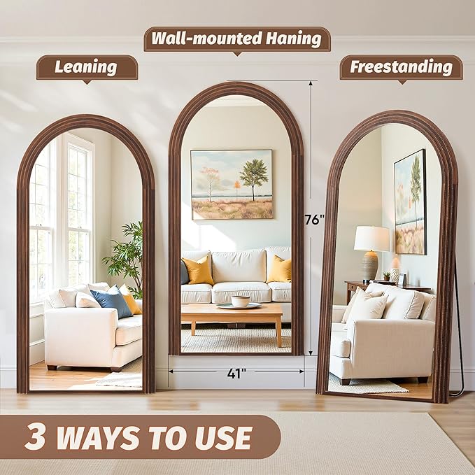 Antok Full Length Mirror 76"×41" Floor Mirror Standing Tall Mirror, Arched Stand up Large Wall Mirrors, Freestanding Full Body Mirrors for Bedroom Living Room Wood Vintage Style Nature