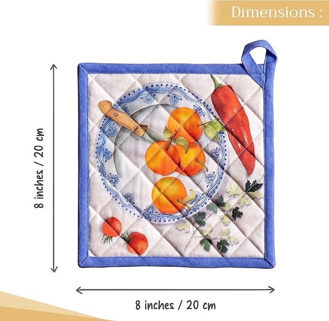 Maison d' Hermine Pot Holders 100% Cotton Heat Resistant Potholders 8" x 8" Hot Pads with Loop BBQ, Cooking, Baking, Grilling, Kitchen, Handling Hot Pans Spring/Summer (Pack of 1, Gourmand)