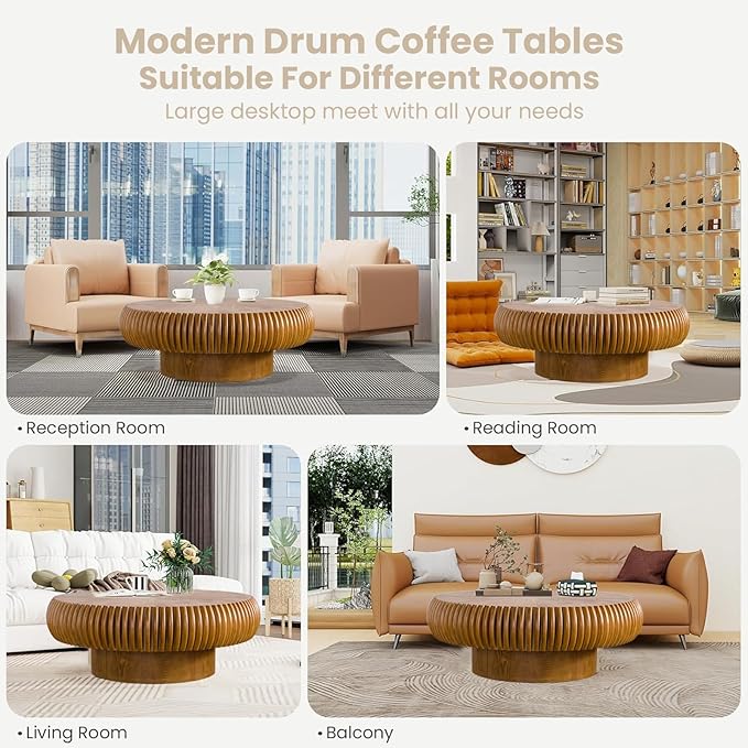 Round Fluted Coffee Table Modern Handcraft Drum Coffee Table with Sturdy Pedestal 31.5" Farmhouse Center Table Tea Table for Living Room, Reception Room, Entertainment Room (Brown 31.5")