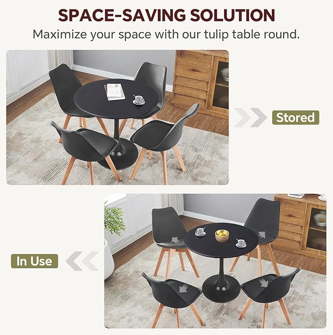 Small Space 31.5 Inch Black Round Tulip Dining Table - Modern Pedestal Base Kitchen Table for 2-4 People - Easy Assembly & Easy to Clean
