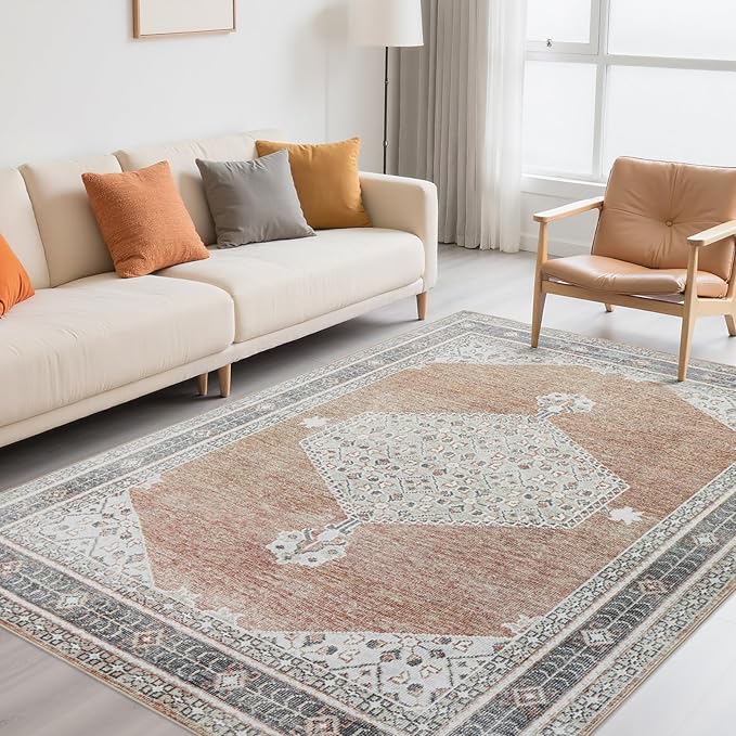Washable Rugs 8x10 Area Rugs for Living Room,Bedroom,Dining Room- Soft Low Pile Stain-Resistant Carpet with Non-Slip Rubber Backing,Large Vintage Area Rug for Nursery Home Office Decor