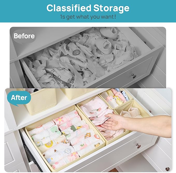 Vtopmart 12 Pack Baby Clothes Organizer, Dresser Drawer Organizer for Baby Clothing, Foldable Fabric Closet Drawer Storage Bins, Nursery Dresser Dividers for Bra, Socks, Ties, Scarf