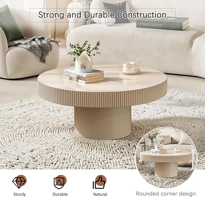30.71" Round Drum Coffee Tables Modern Handcraft Drum Coffee Table Circle Coffee Table with Sturdy Pedestal, Fluted Wood Coffee Tables Accent End Table for Living Room Apartment,White