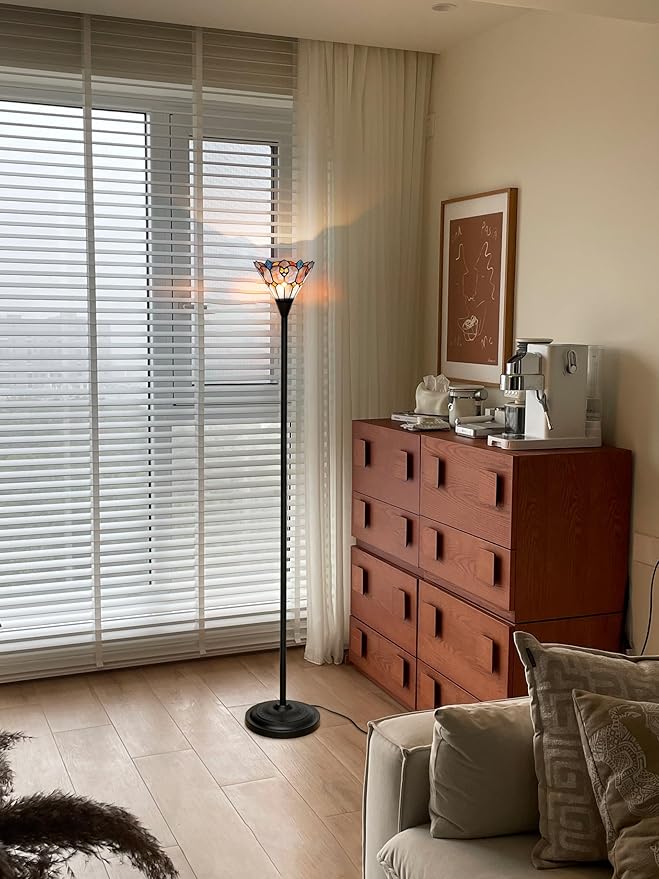 Tiffany Stained Glass Torchiere Floor Lamp Tiffany Style Standing Corner Light Antique Handcrafted Pole Floor Reading Uplight Lamp (Bulb Include)