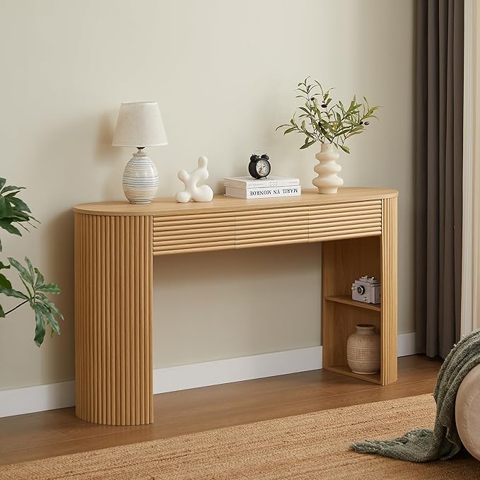 Merax Modern Retro Entryway Table, Rounded Console Table with3 Drawers and Open Hidden Storage for Living Room, Hallway and Office, Nature