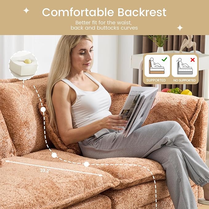 112" Modular Sectional Sofa with Movable Ottoman, L Shaped Couches for Living Room, 3 Seater Comfy Cloud Couch with Removable Cover, Armrest Pillow (Orange)