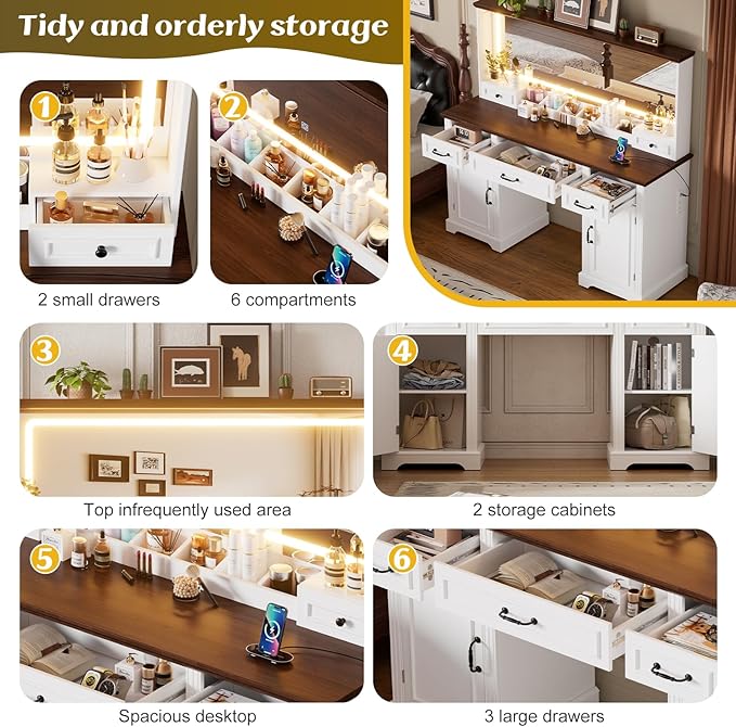 PAKASEPT 55.12" Large Makeup Vanity with LED Lights and 3 Light Modes, Vanity Set with 5 Drawers and Power Outlet, Vanity Desk for Women, Girls