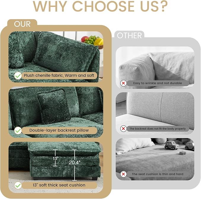 147.8" U Shaped Modular Sectional Sofa, Comfy Cloud Couch with Movable Ottoman, Deep Seat Modular Sofa, Sectional Couches for Living Room, Bedroom, Apartment (Green)