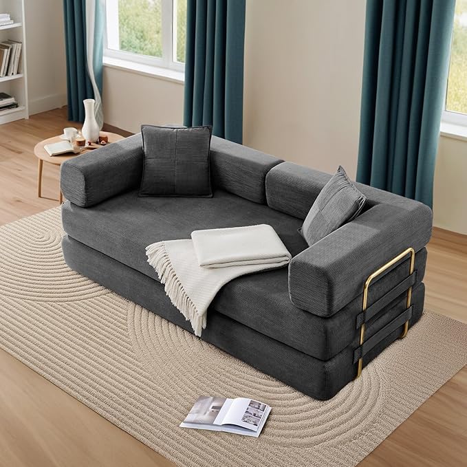 Antetek Convertible Futon Sofa Bed, 3-Seater Modern Corduroy Foam Floor King Size Bed Fold Out Sleeper Lounge Loveseat Sofa Couch with 2 Throw Pillows for Living Room Bedroom Guest Room, Dark Grey