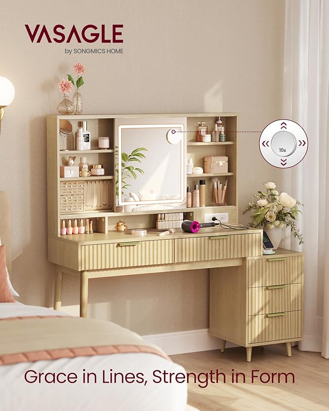 VASAGLE MAXE Collection - Vanity Desk with Sliding Mirror and Lights, Mid Century Modern Fluted Makeup Vanity with 10x Magnifying Mirror, Charging Station, Jewelry Storage, Oak Beige URDT139YC01S