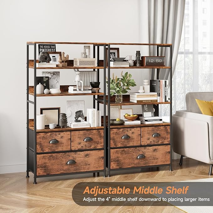 6 Tier Bookshelf, 47-Inch Small Bookcase with 3 Fabric Storage Drawers, Wood and Metal Book Shelf Storage Organizer, Industrial Display Standing Shelf Unit for Bedroom, Living Room, Rustic Brown