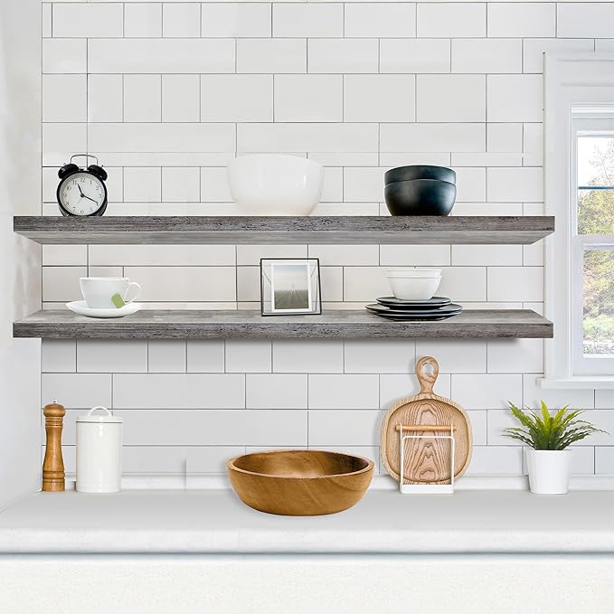 Sorbus Floating Shelves for Wall - 55 Inch Extra-Long Bathroom Shelves, Wall Decor for Bedroom, Kitchen, Living Room, Book Storage - Mounted Floating Shelf with Hidden Brackets (Gray, 2 Pack)