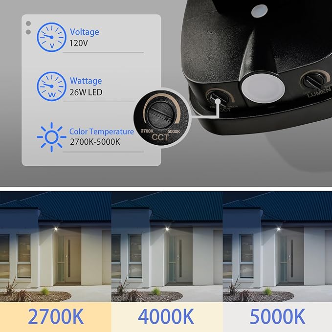 26W Flood Lights Outdoor, CCT Integrated LED Security Light Fixture, 1 Head Exterior LED Outdoor Light with Dusk to Dawn Control, ETL Water Resistant for Garage, Yard, Porch (Black)